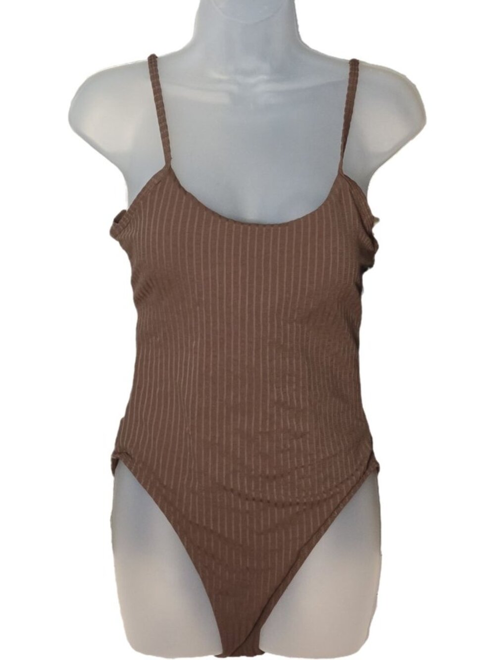 Brown Ribbed Scoop Neck One Piece Swimsuit M Adjustable Straps - Picture 1 of 8